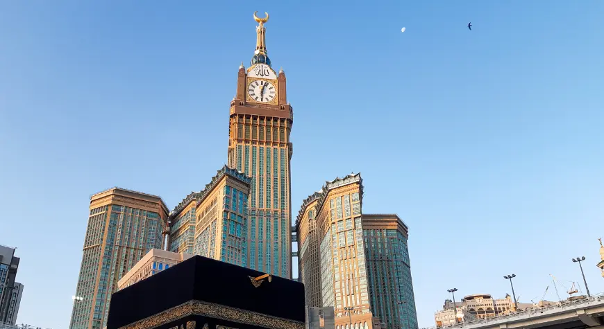 The Kaaba in Mecca with the towering Abraj Al Bait Clock Tower in the background