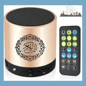 Portable Quran speaker with remote control, featuring recitations, translations, and Islamic sounds.